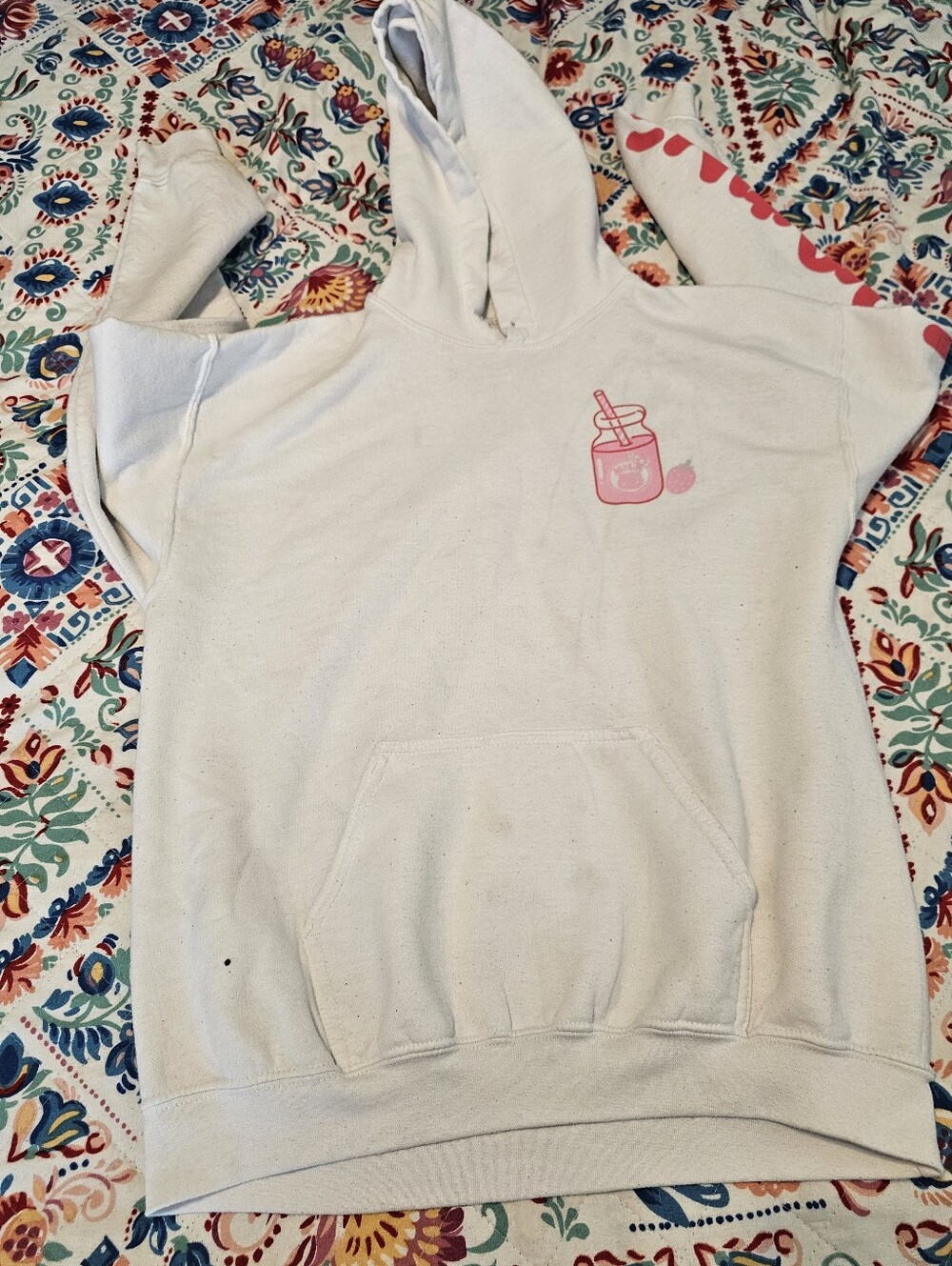 Sanrio Hello Kitty Strawberry Milk Box Hoodie Japanese Text Kawaii White Medium
